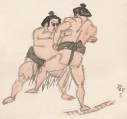 画像1: 石井鶴三色紙「相撲　突き落とし」