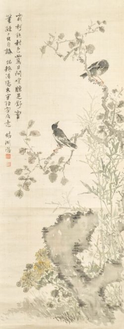 画像1: 奥原晴湖画賛幅「秋色花鳥図」