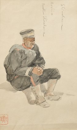 画像1: 浅井忠デッサン額「与瀬駅」「兵士」表裏２図