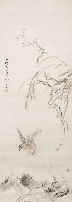 画像1: 椿椿山画幅「野桜孤鶉図」