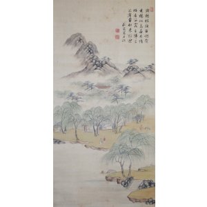 画像: 貫名菘翁画賛幅「柳林春興山水図」