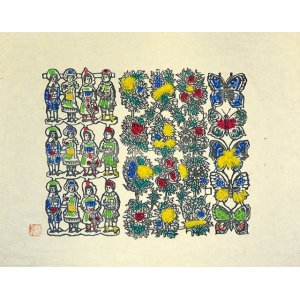 画像: 川上澄生木版画「子供と花と蝶」