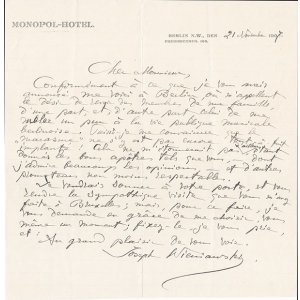 画像: ユゼフ・ヴィエニャフスキー書簡１通　Józef Wieniawski :Autograph letter signed 