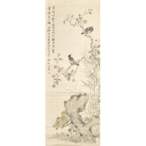 画像: 奥原晴湖画賛幅「秋色花鳥図」