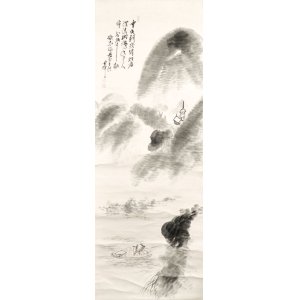 画像: 長井雲坪画賛幅「雨中渡舟図」
