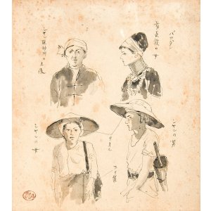 画像: 向井潤吉南方スケッチ色紙額３枚