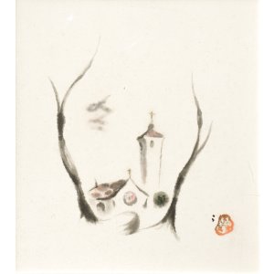 画像: 牛島憲之色紙額「教会のある風景」