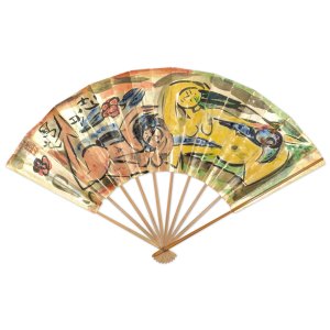 画像: 棟方忘功表裏墨画賛扇「飛天図」