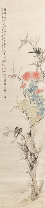 画像: 川上冬崖画賛幅「菊花鳥」
