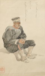 画像: 浅井忠デッサン額「与瀬駅」「兵士」表裏２図