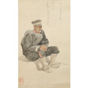 画像: 浅井忠デッサン額「与瀬駅」「兵士」表裏２図