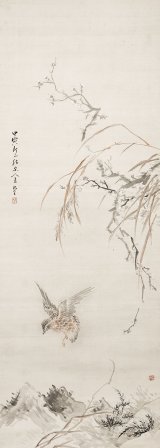 画像: 椿椿山画幅「野桜孤鶉図」