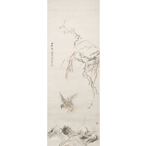 画像: 椿椿山画幅「野桜孤鶉図」