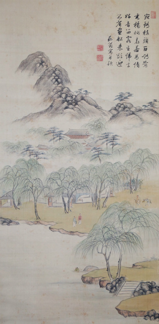 画像1: 貫名菘翁画賛幅「柳林春興山水図」