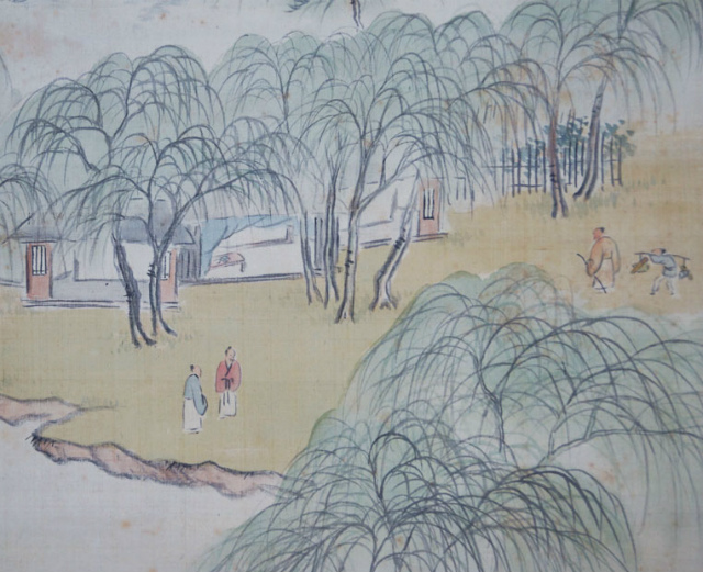 画像: 貫名菘翁画賛幅「柳林春興山水図」