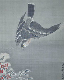 画像: 建部寒葉斎画幅「雪中南天　鷹と叭々鳥」江戸期書画