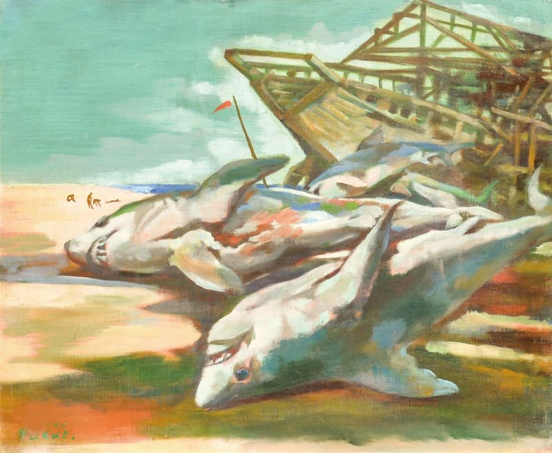 画像1: 福沢一郎画額「船と鮫」
