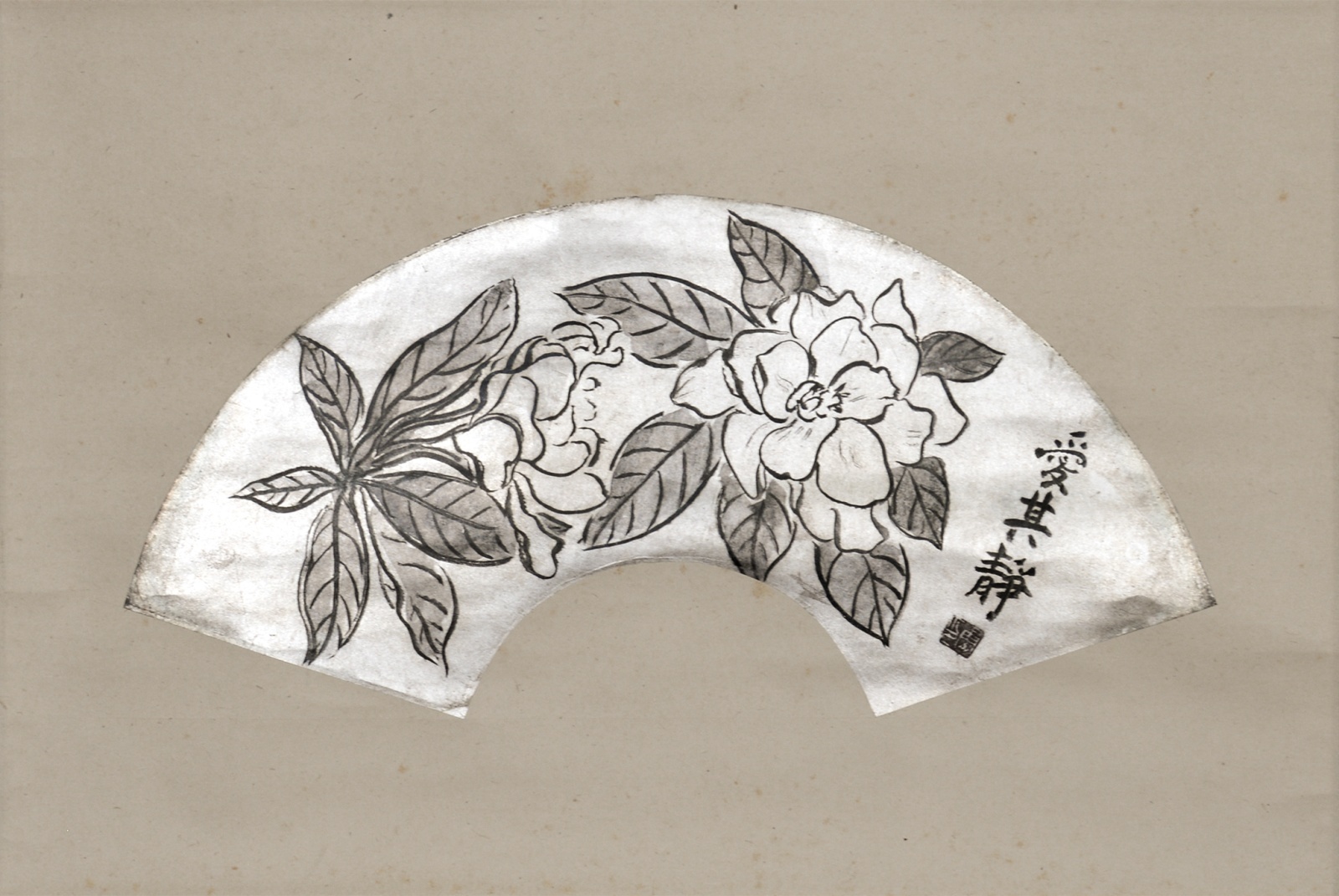 画像1: 冬青小林勇銀地扇面幅「牡丹」