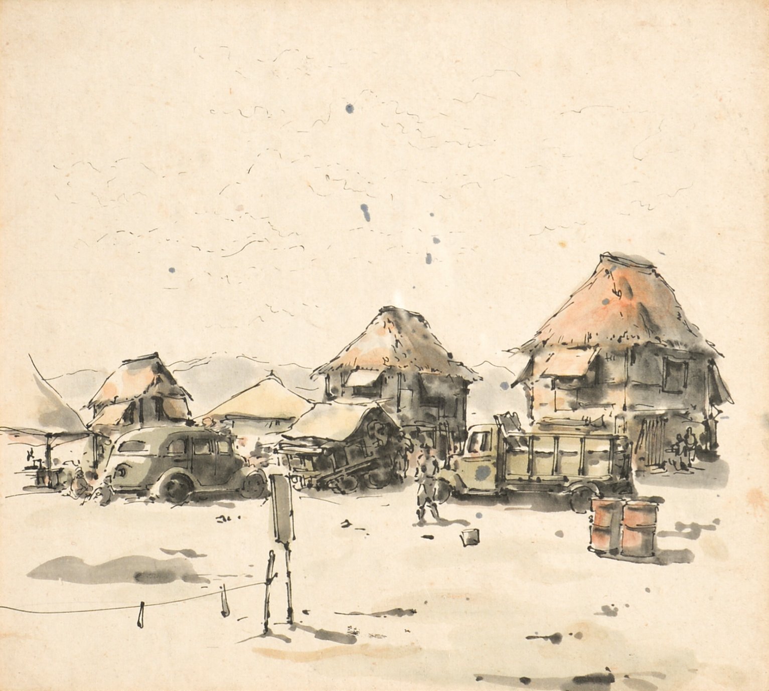 画像: 向井潤吉南方スケッチ色紙額３枚