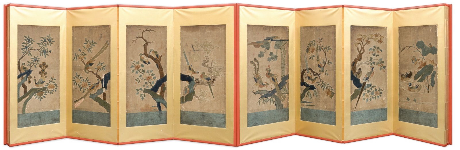 画像1: 李朝刺繡画花鳥屏風８曲１隻