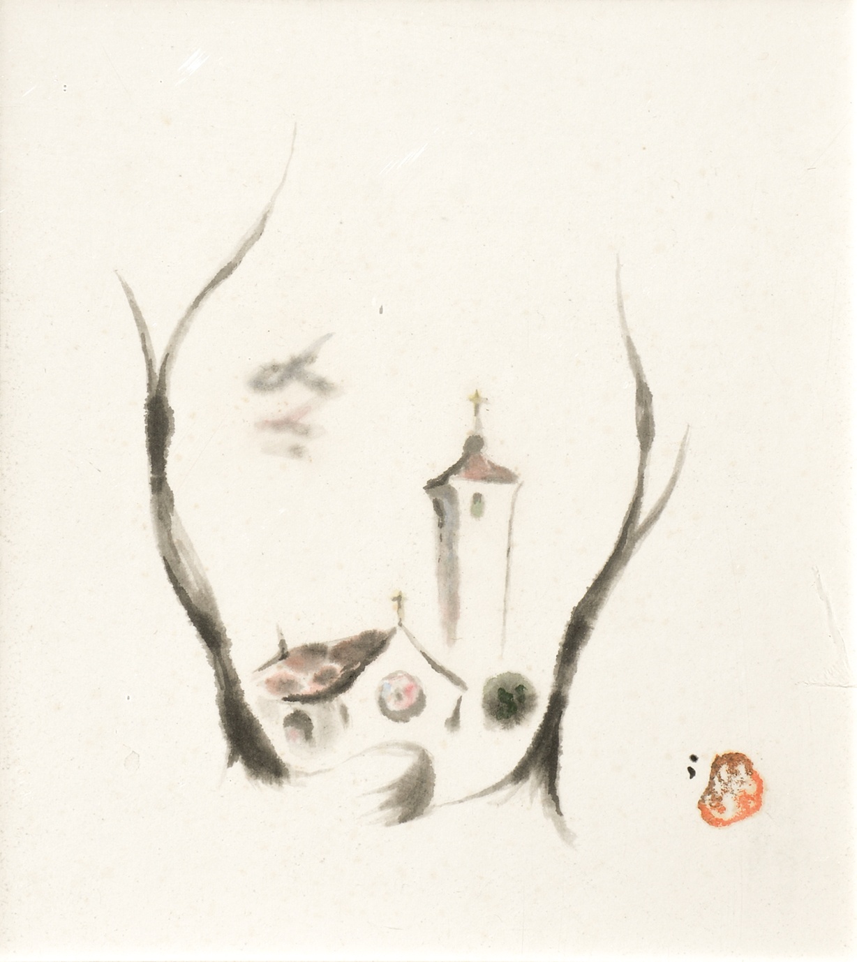 画像1: 牛島憲之色紙額「教会のある風景」