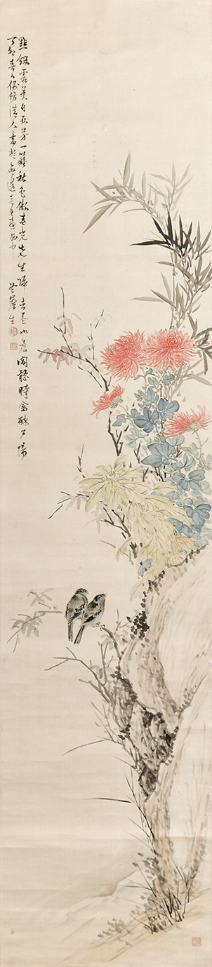 画像1: 川上冬崖画賛幅「菊花鳥」