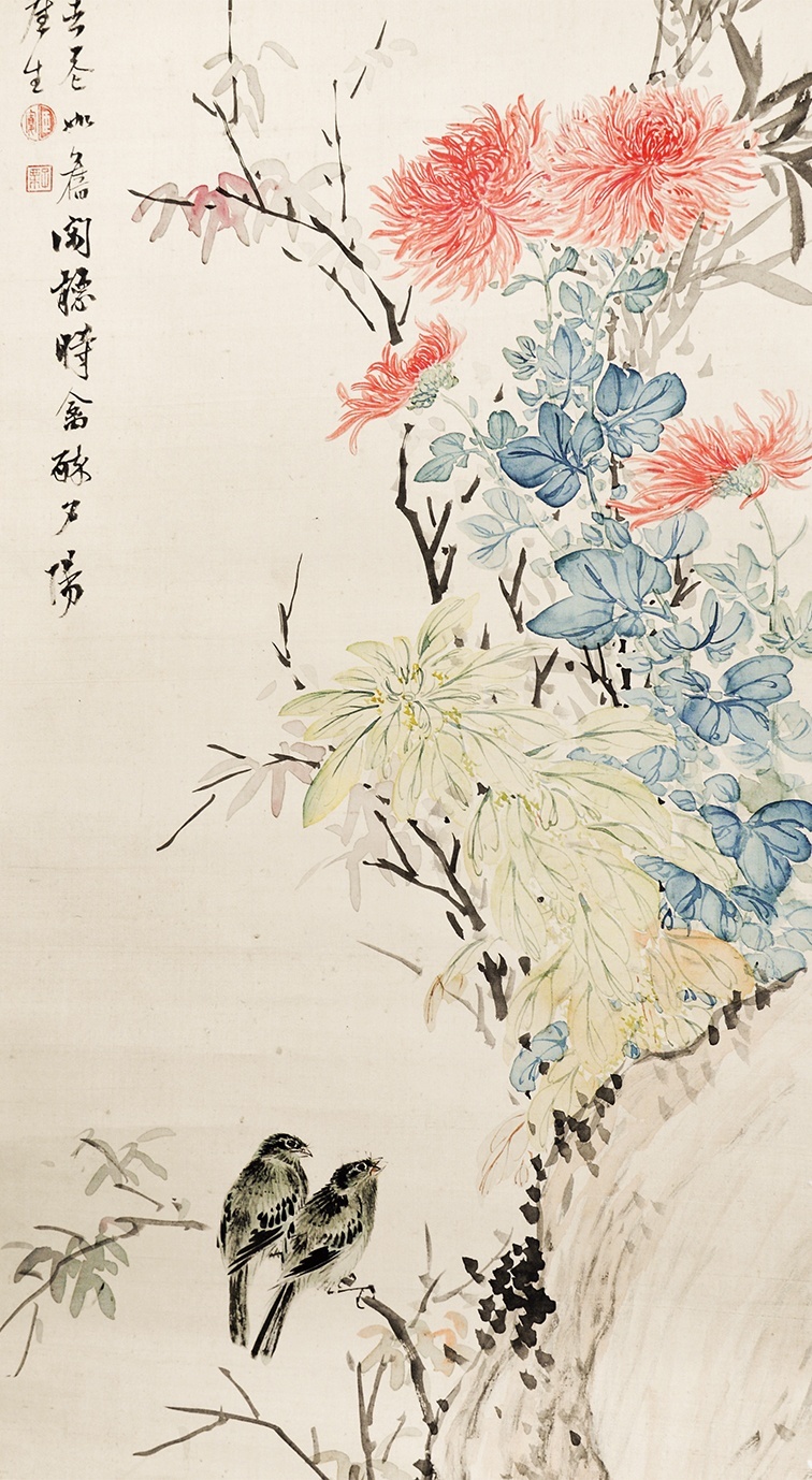 画像: 川上冬崖画賛幅「菊花鳥」