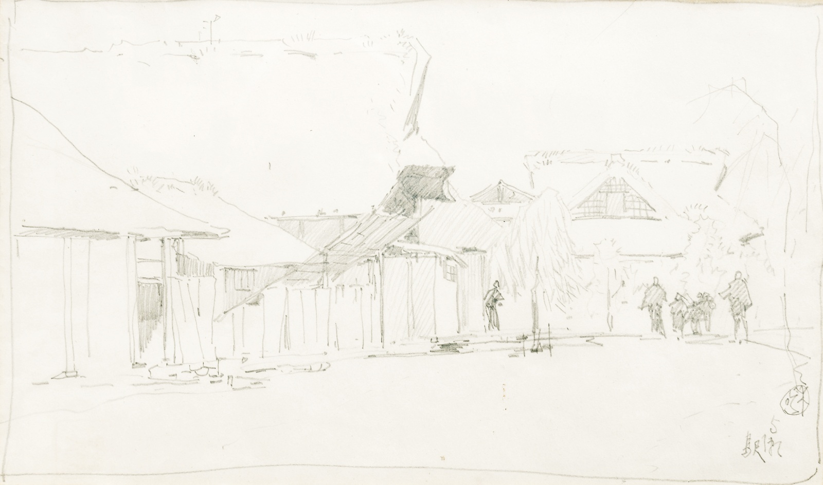 画像: 浅井忠デッサン額「与瀬駅」「兵士」表裏２図