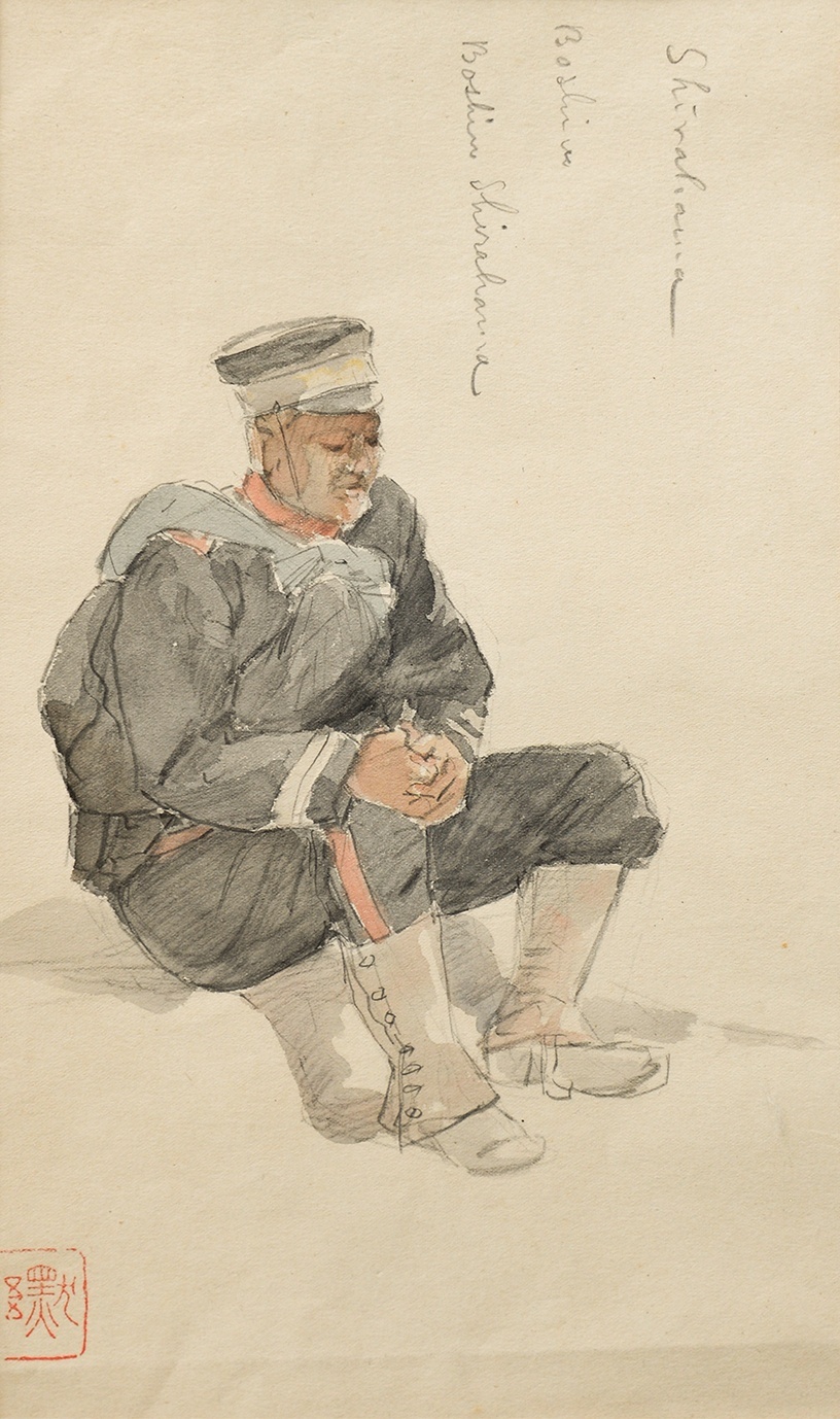 画像1: 浅井忠デッサン額「与瀬駅」「兵士」表裏２図