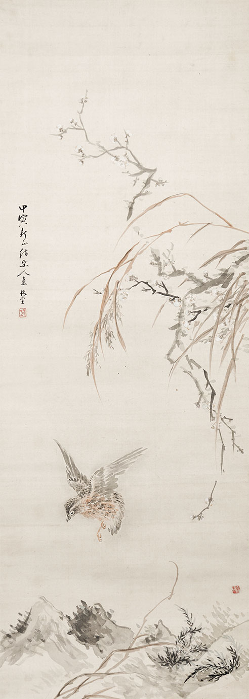 画像1: 椿椿山画幅「野桜孤鶉図」
